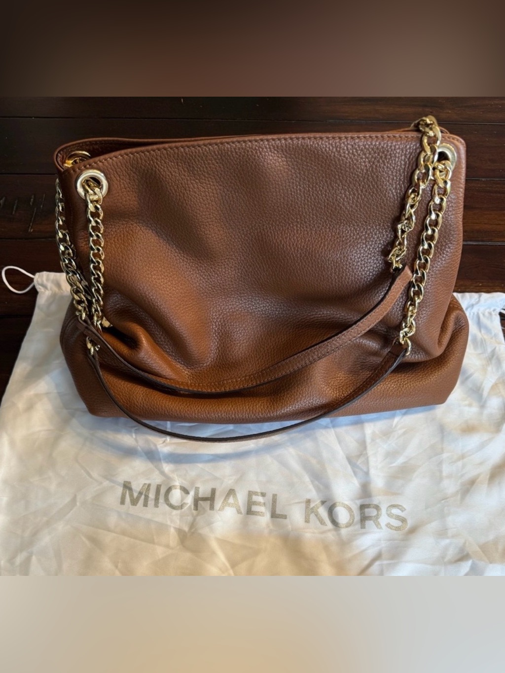 Michael Kors Chestnut Pebbled Leather Shoulder Bag With Gold Chain